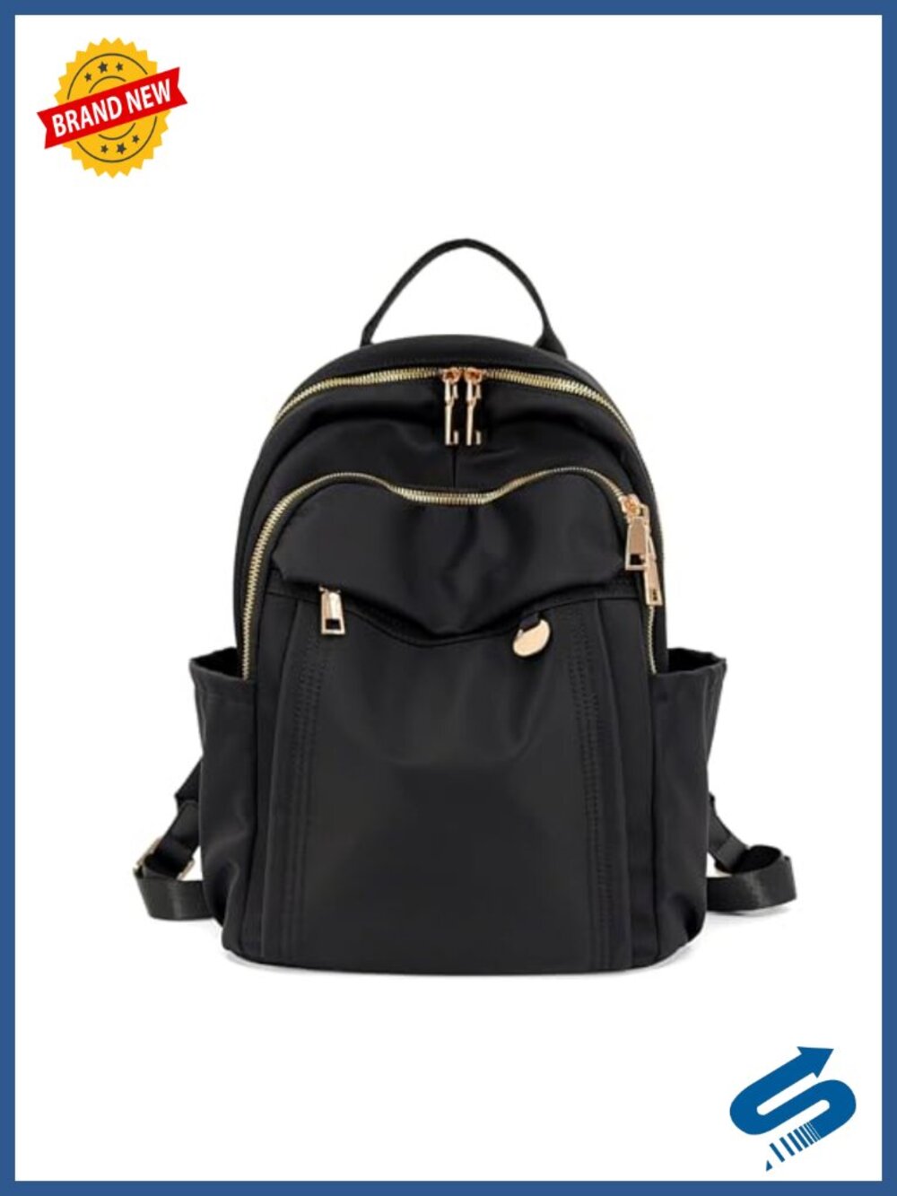 Small Mini Nylon Fashion Backpack Purse Petite Water Resistant Gold-Tone